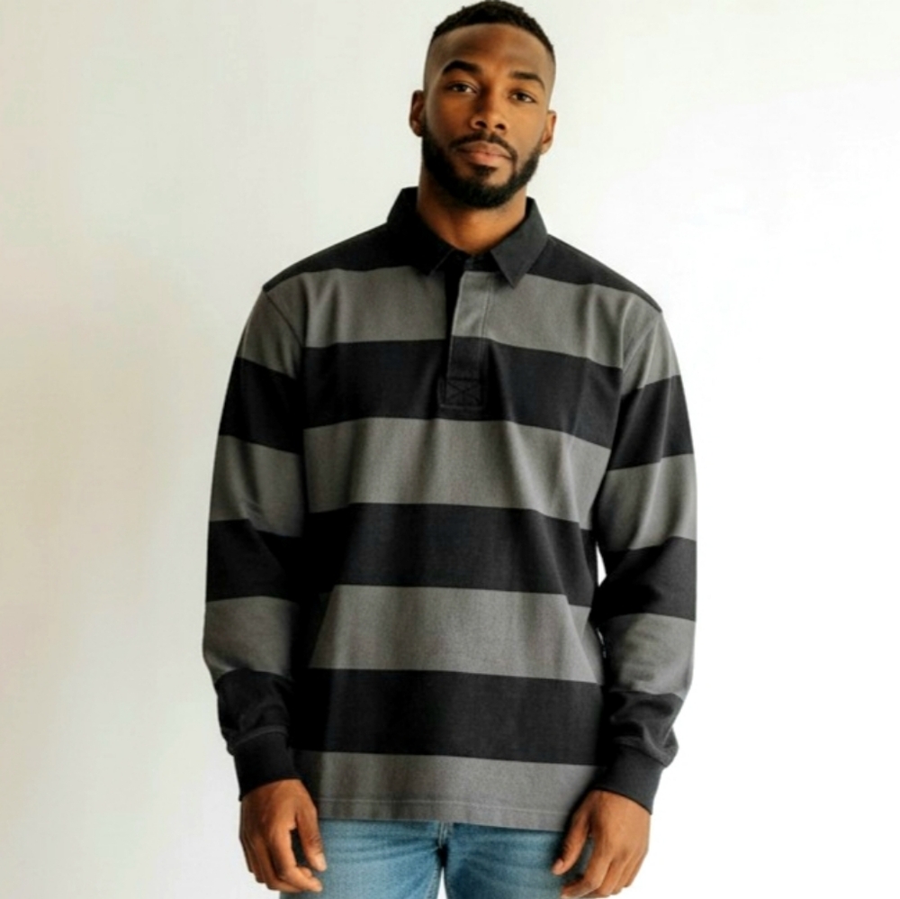 Sport Tek Rugby Polo Shirt Mens L Grey Black Stripe Heavy Cotton Reinforced Pits
